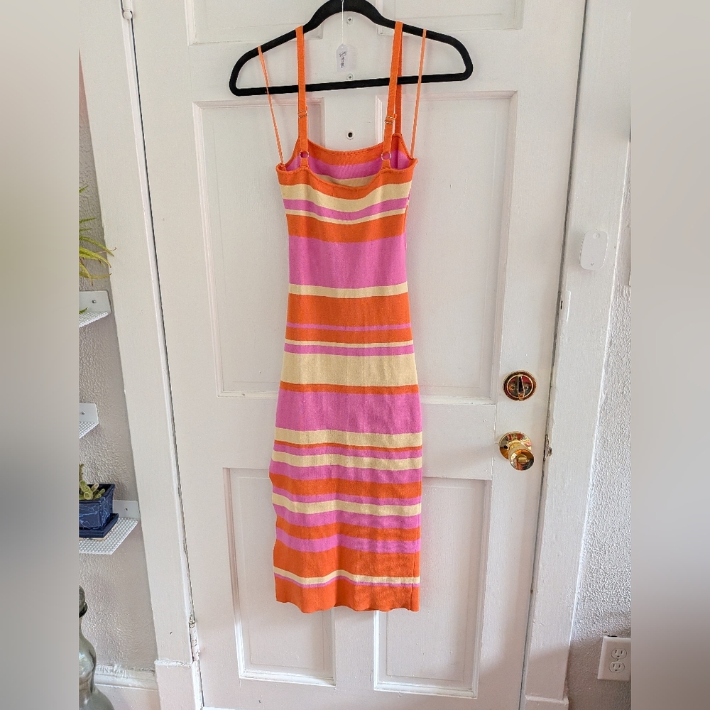 Mable Knit Midi Dress Orange Pink Stripe Cutout Bodycon Adjustable Strap M - Picture 5 of 6